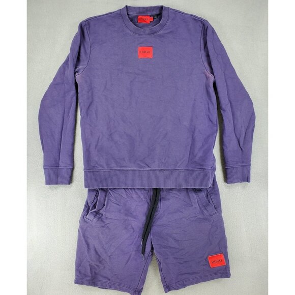 SET Hugo Boss Sz M Diragol Biz Purple Box Logo Sweatshirt Shorts French Terry - Picture 1 of 11